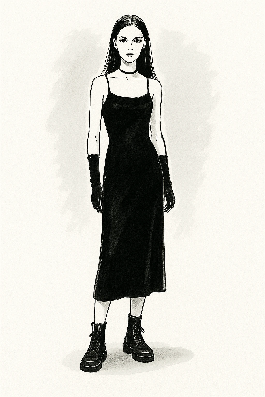 Mode der 1990er Jahre: Grunge-Flanellhemd kombiniert mit Slip Dress und Boots