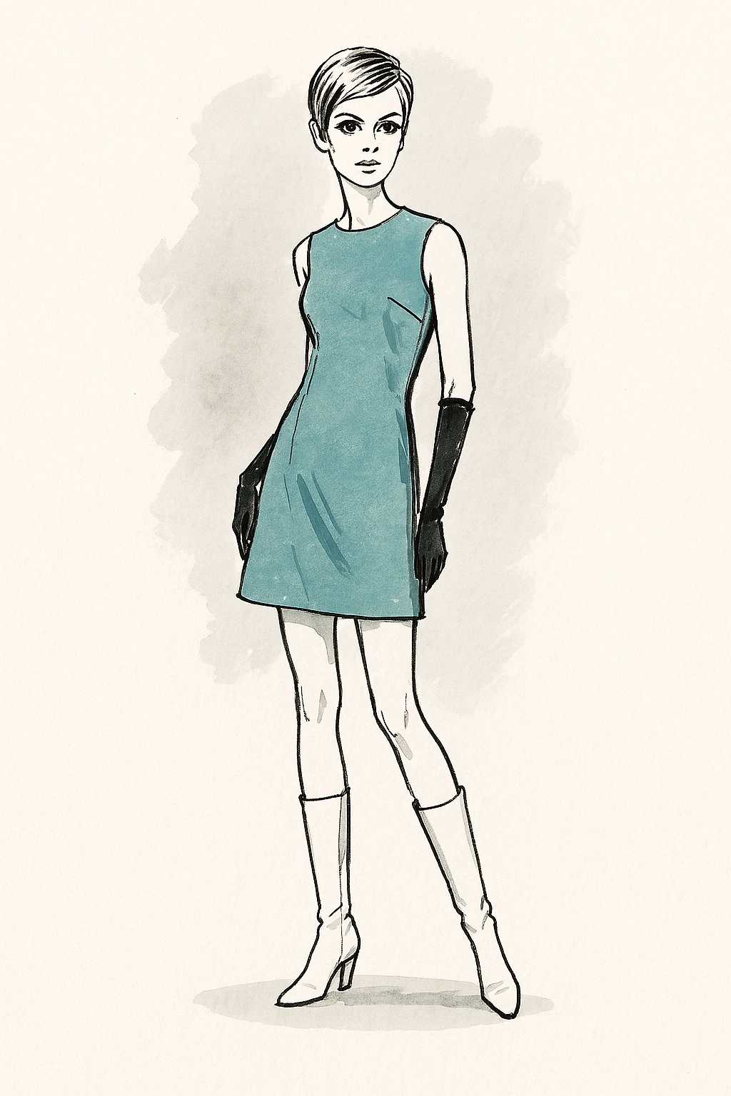 Mode der 1960er Jahre: Minikleid im Op-Art Muster mit kniehohen Stiefeln