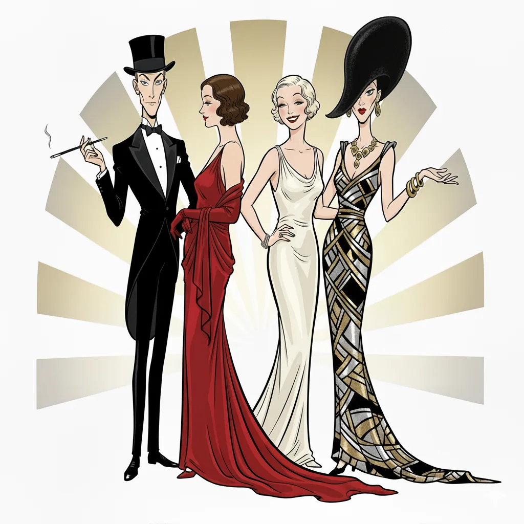 1930er Jahre Style-Ikonen – Marlene Dietrich, Greta Garbo, Jean Harlow, Coco Chanel und Elsa Schiaparelli im Art-Déco-Stil illustriert