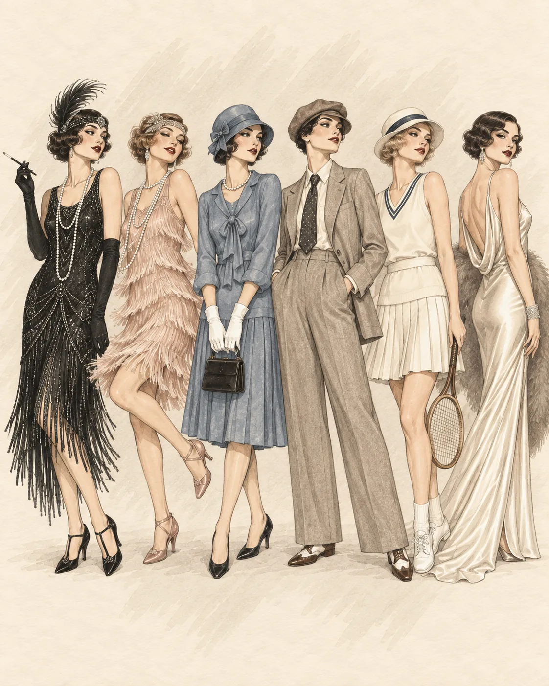 Sechs typische 1920er Looks als gemeinsame Fashion-Illustration