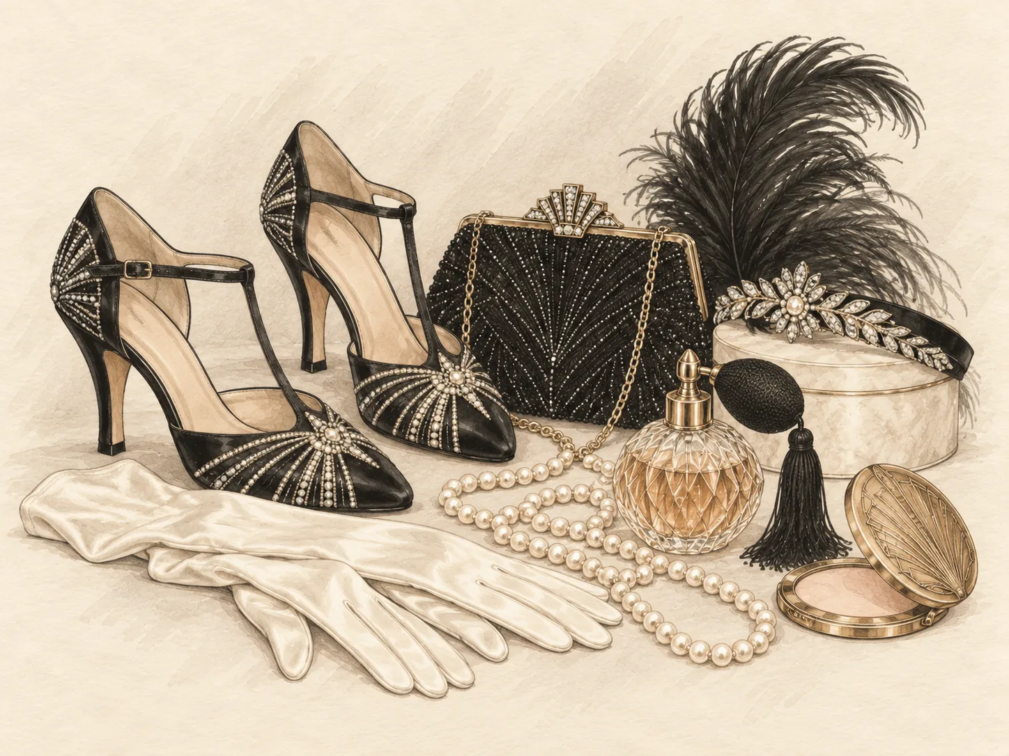 1920er Schuhe und Accessoires als Editorial-Illustration