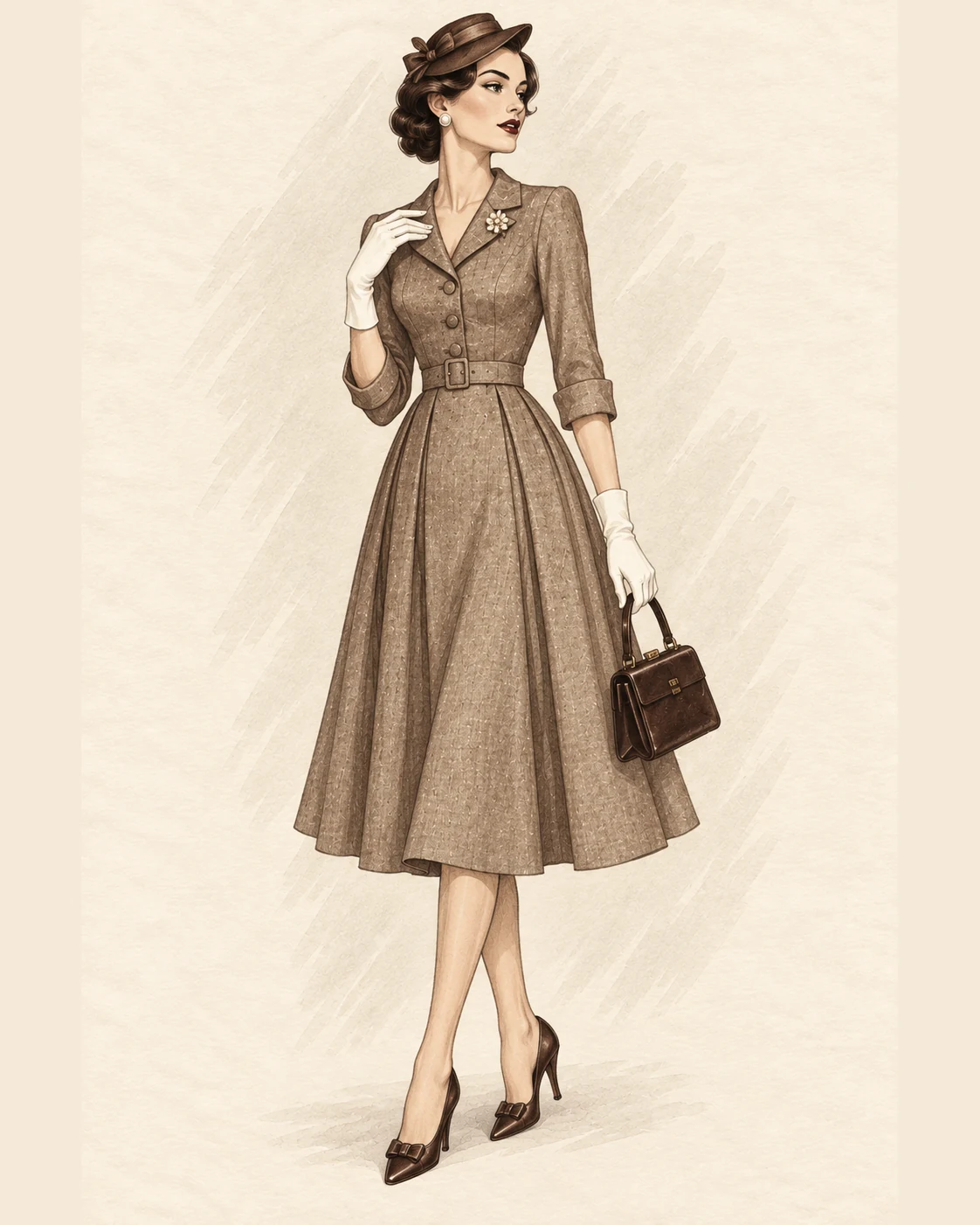 1930er Day-Dress und Tailored-Elegance Look als Fashion-Illustration