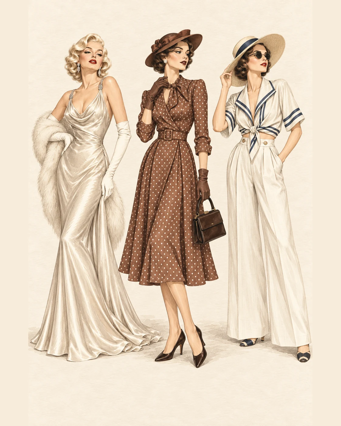Sechs typische 1930er Looks als gemeinsame Fashion-Illustration