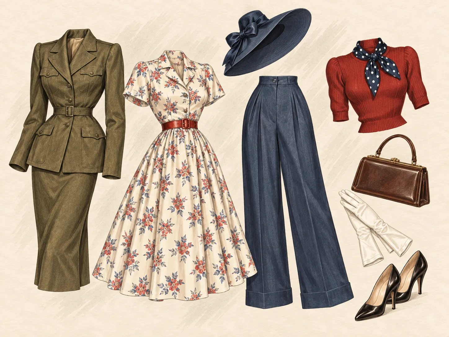 Typische 1940er Key Pieces als gemeinsame Fashion-Illustration