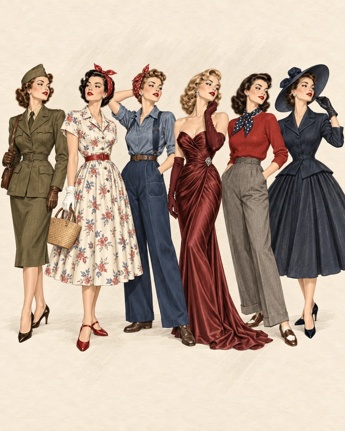 Sechs typische 1940er Looks als gemeinsame Fashion-Illustration