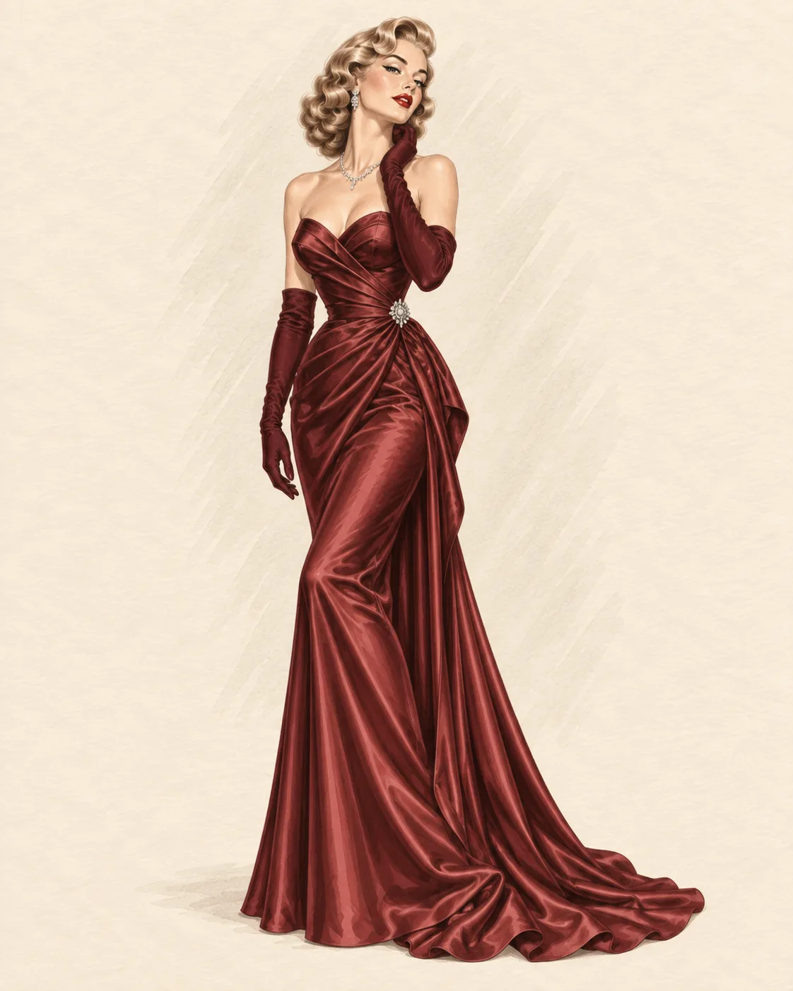 1940er Hollywood-Abendlook als Fashion-Illustration