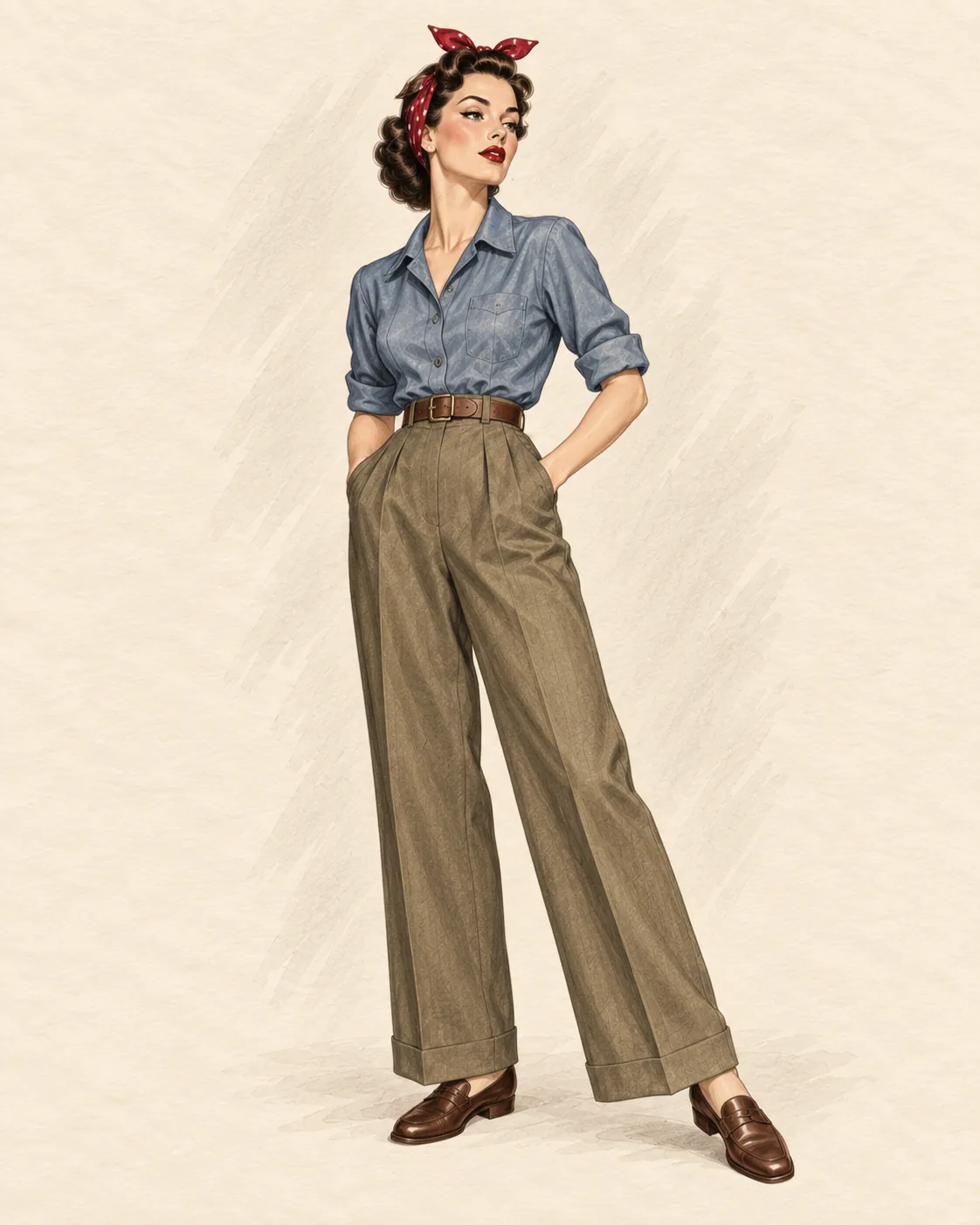 1940er Workwear mit Hose als Fashion-Illustration