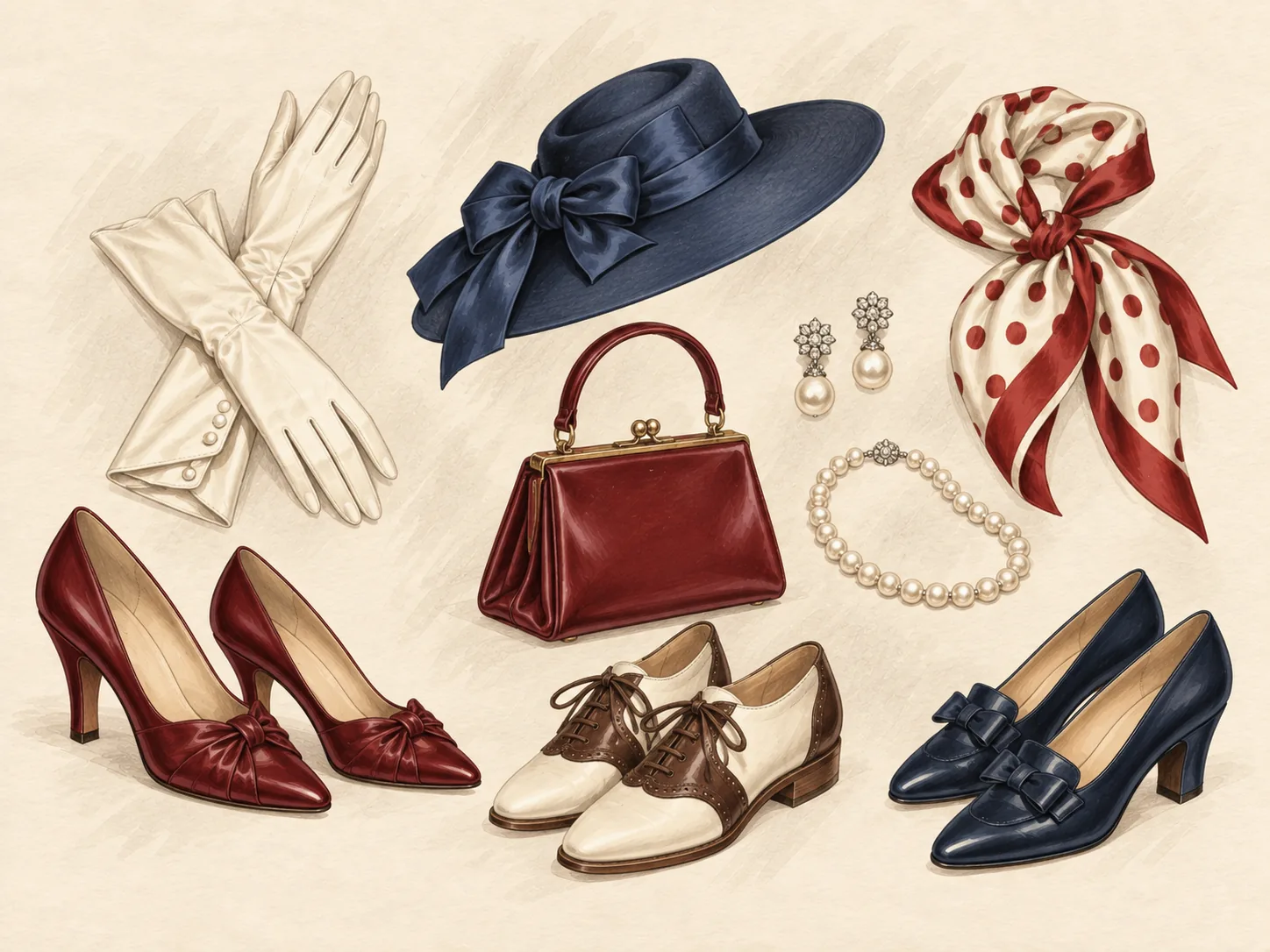 1940er Schuhe und Accessoires als Editorial-Illustration