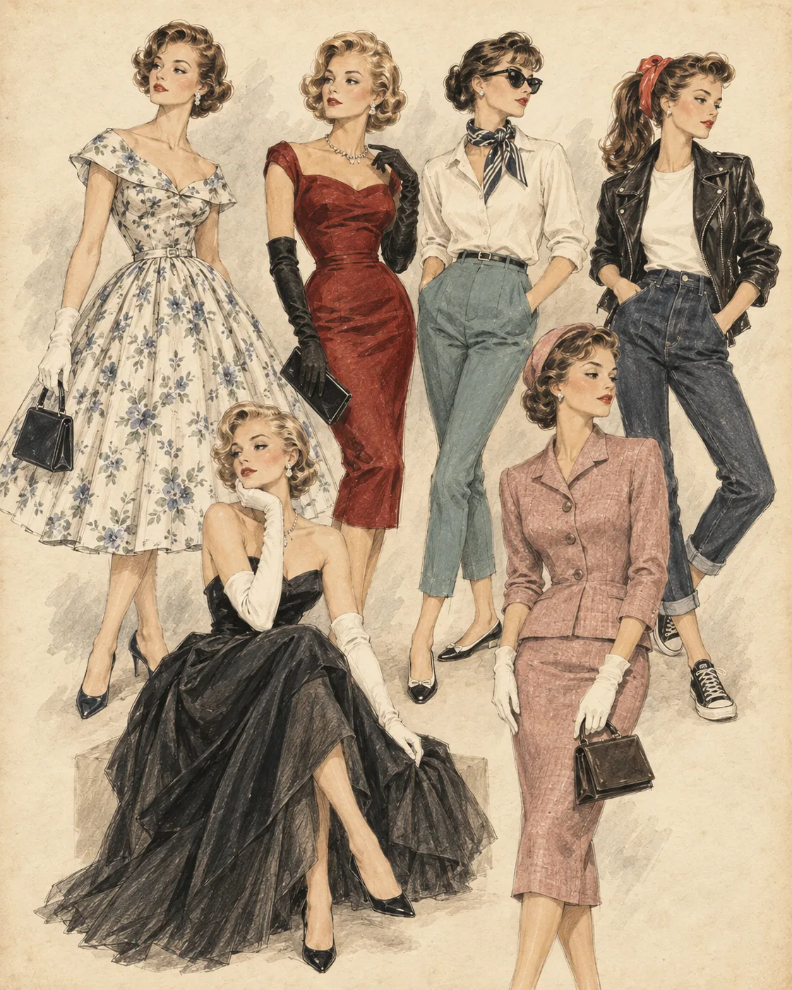 Sechs typische 1950er Modestile als gemeinsame Fashion-Illustration