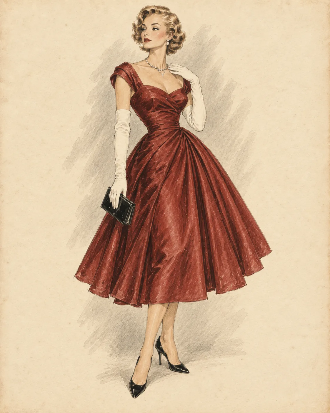 1950er Hollywood-Glamour-Look als Fashion-Illustration
