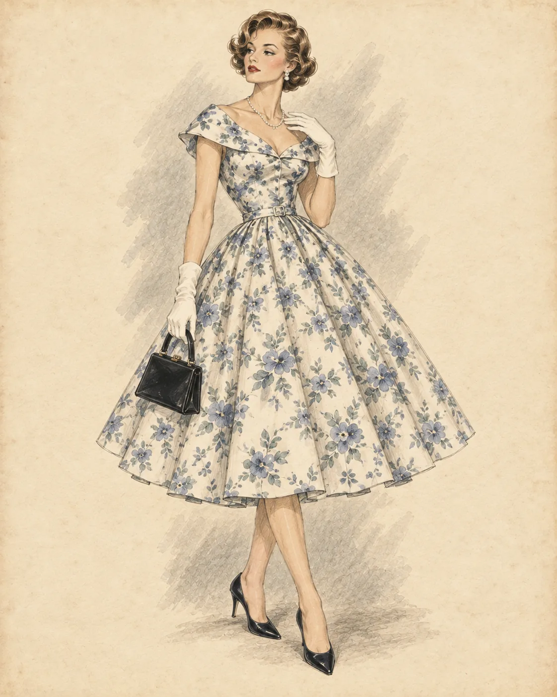 1950er New-Look- und Swing-Outfit als Fashion-Illustration