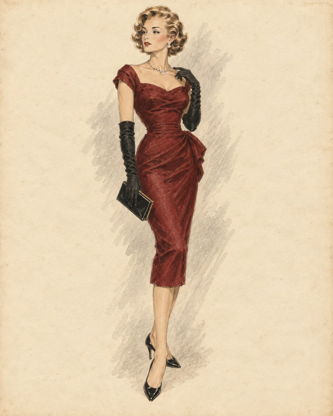 1950er Pencil- und Cocktail-Look als Fashion-Illustration