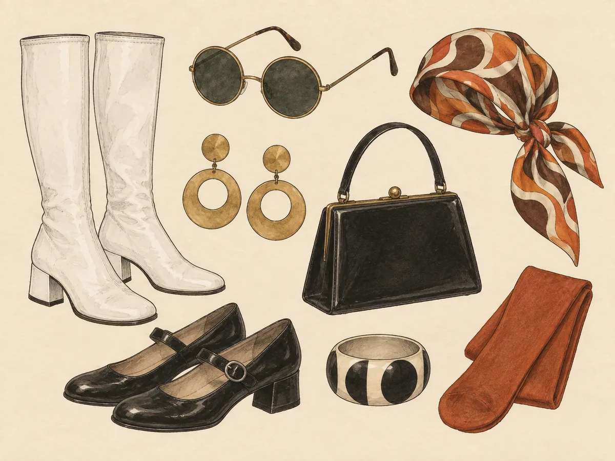 Typische Schuhe und Accessoires der 1960er mit Go-Go-Boots, Pumps, Sonnenbrille, Tasche, Tuch und Modeschmuck