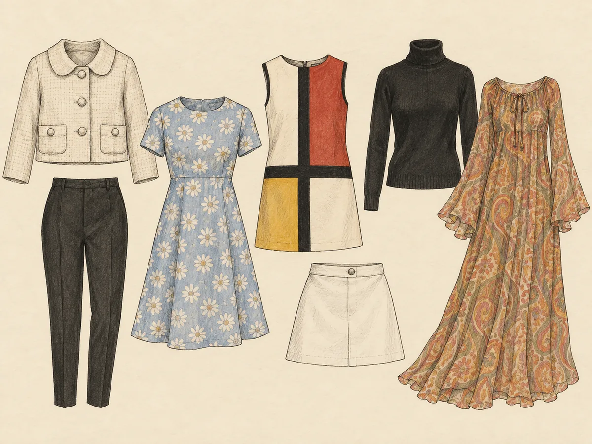 Typische 1960er Key Pieces mit A-Linie, Shift Dress, Rollkragen, Minirock, Hose und Maxikleid