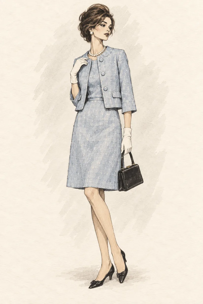 Elegantes Early-Sixties-Outfit mit A-Linien-Kleid, kurzer Jacke, Handschuhen und kleiner Handtasche