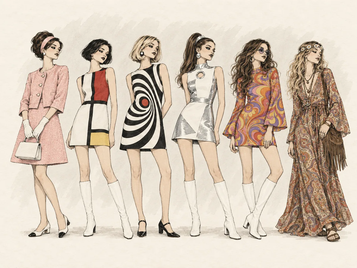 1960er Outfits Lookbook – Mod, Space Age, Psychedelic und Hippie Sechs typische 1960er Outfits von Early Sixties über Mod, Op-Art und Space Age bis Psychedelic und Hippie