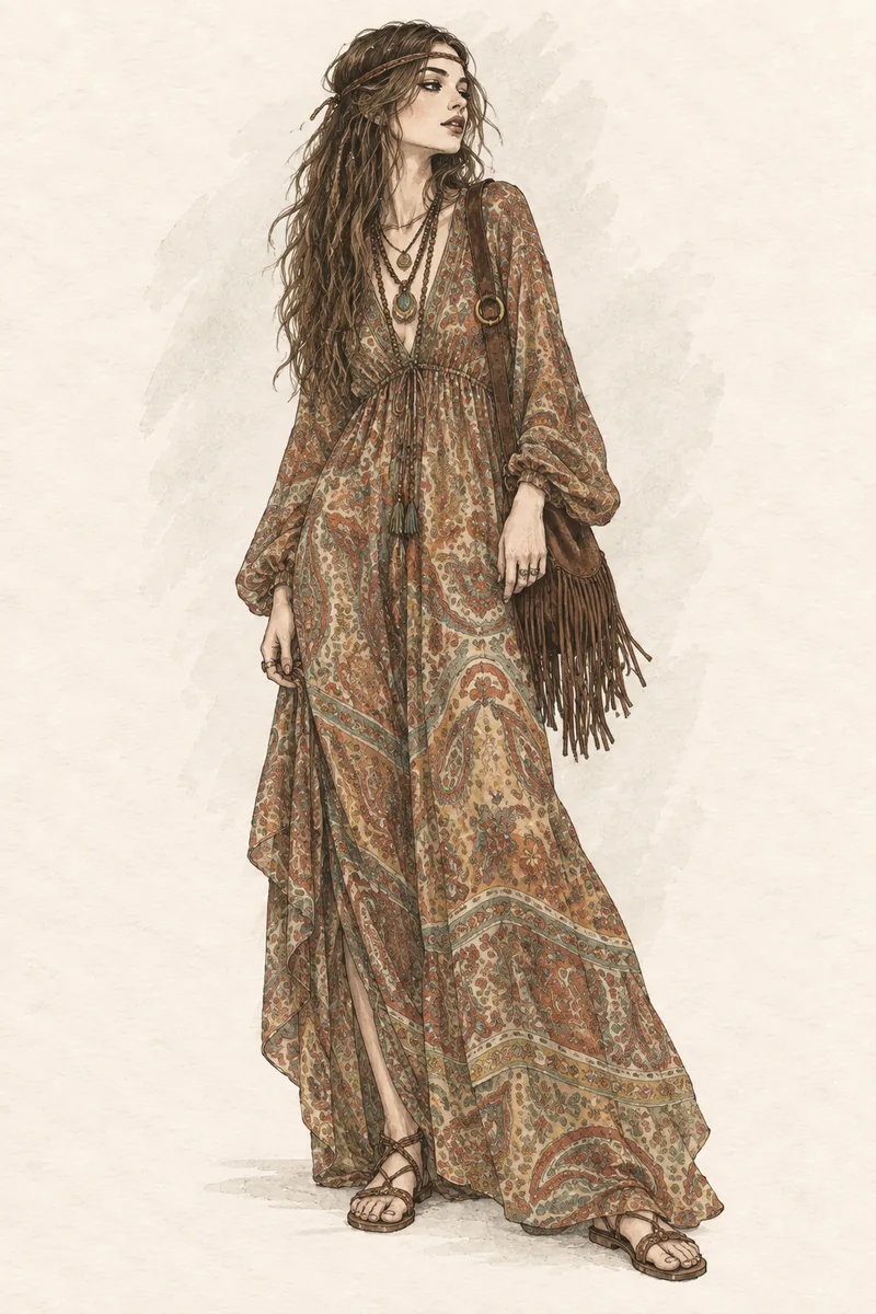 Late-60s-Hippie-Outfit mit fließendem Paisley-Maxikleid, Sandalen und Boho-Accessoires