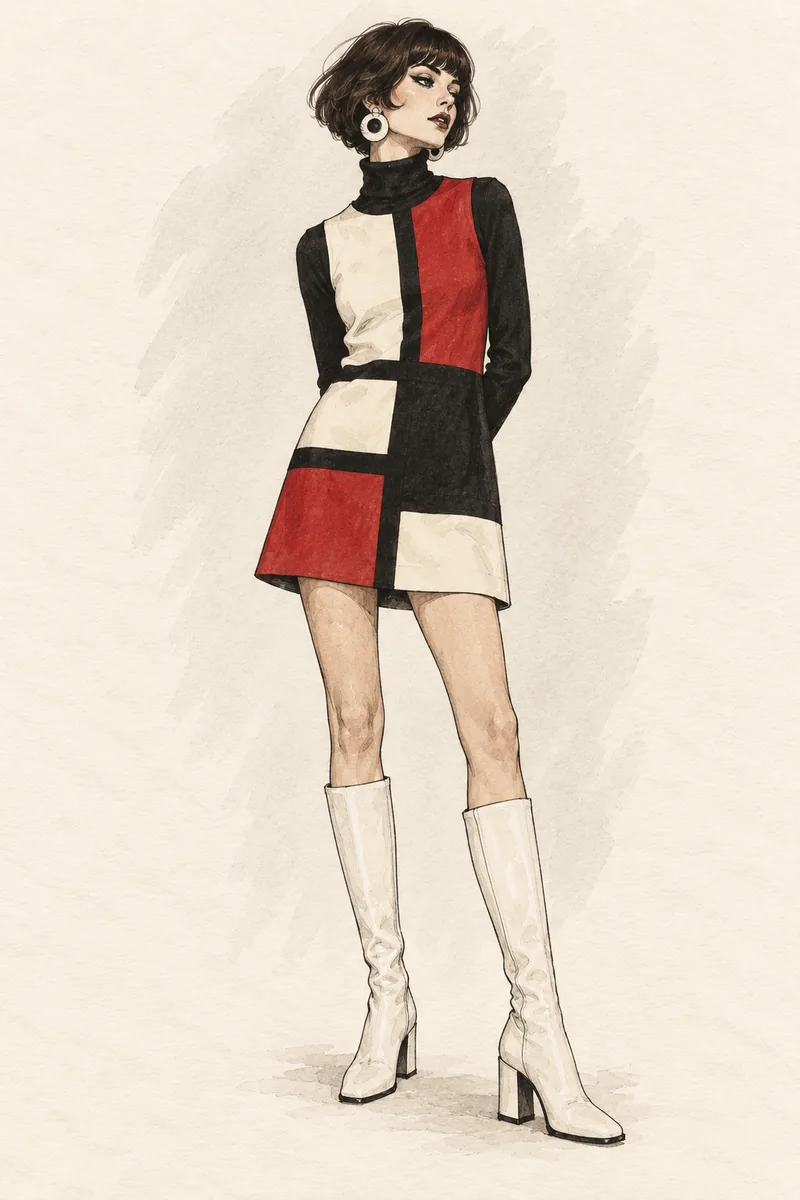 1960er Mod-Mini-Outfit mit grafischem Minikleid, Rollkragen und weißen kniehohen Go-Go-Boots
