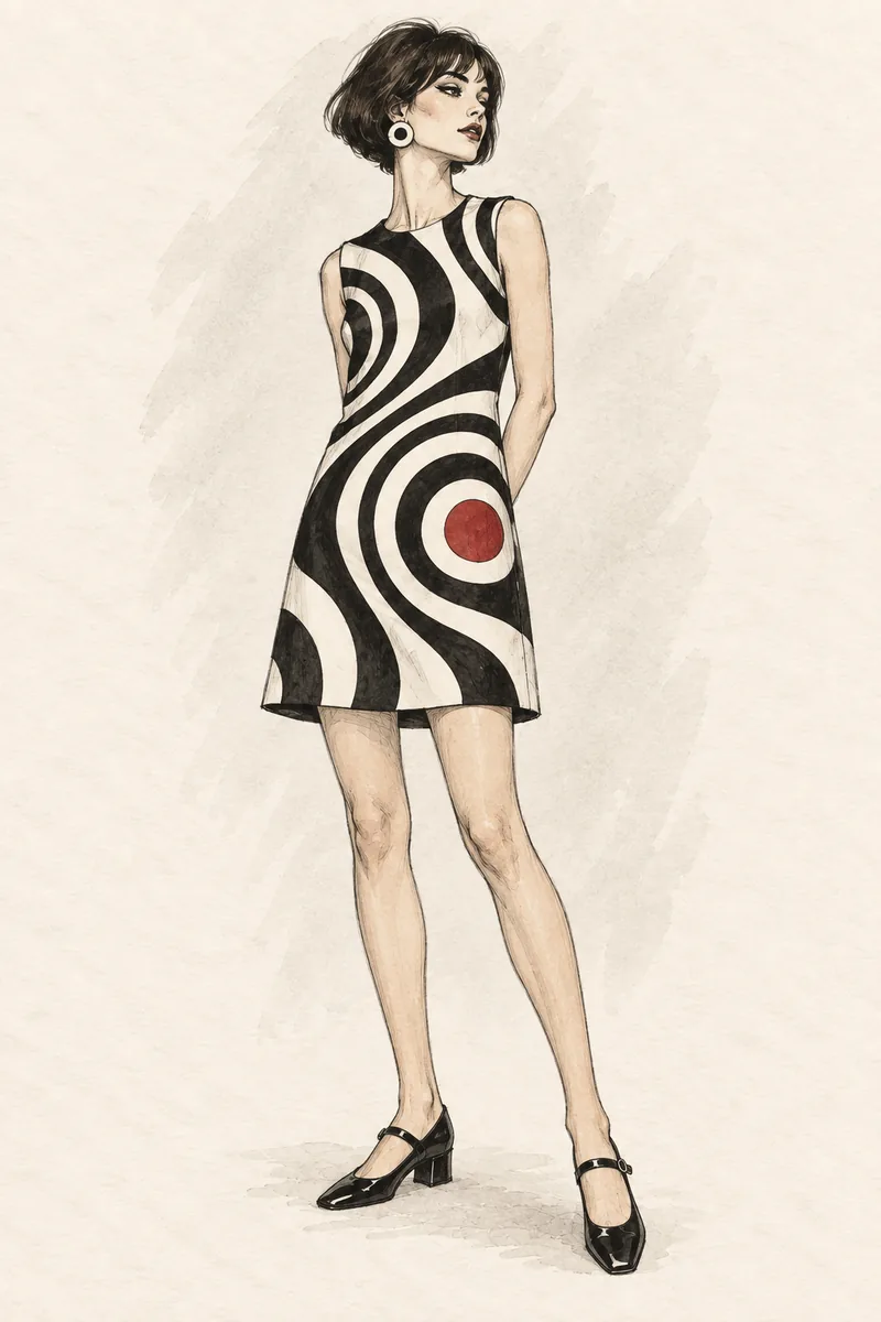 1960er Op-Art-Shift-Dress mit schwarz-weißem grafischem Muster und roten Akzenten