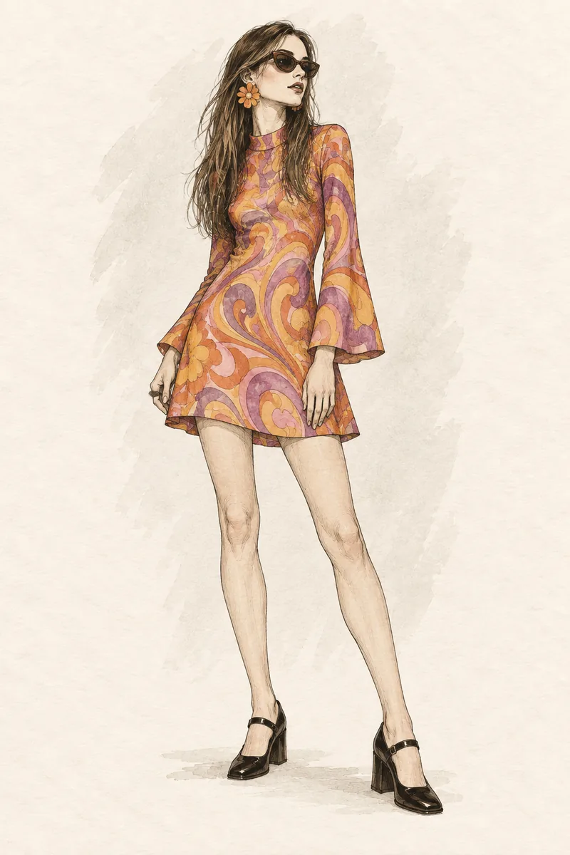 Spätes 1960er Psychedelic-Pop-Outfit mit farbig gemustertem Minikleid und großen Sonnenbrillen