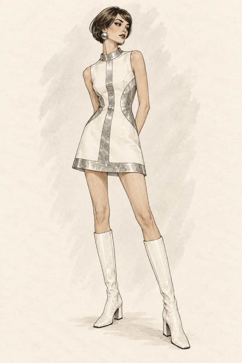 1960er Space-Age-Outfit mit weißem geometrischem Minikleid, silbernen Akzenten und weißen Stiefeln