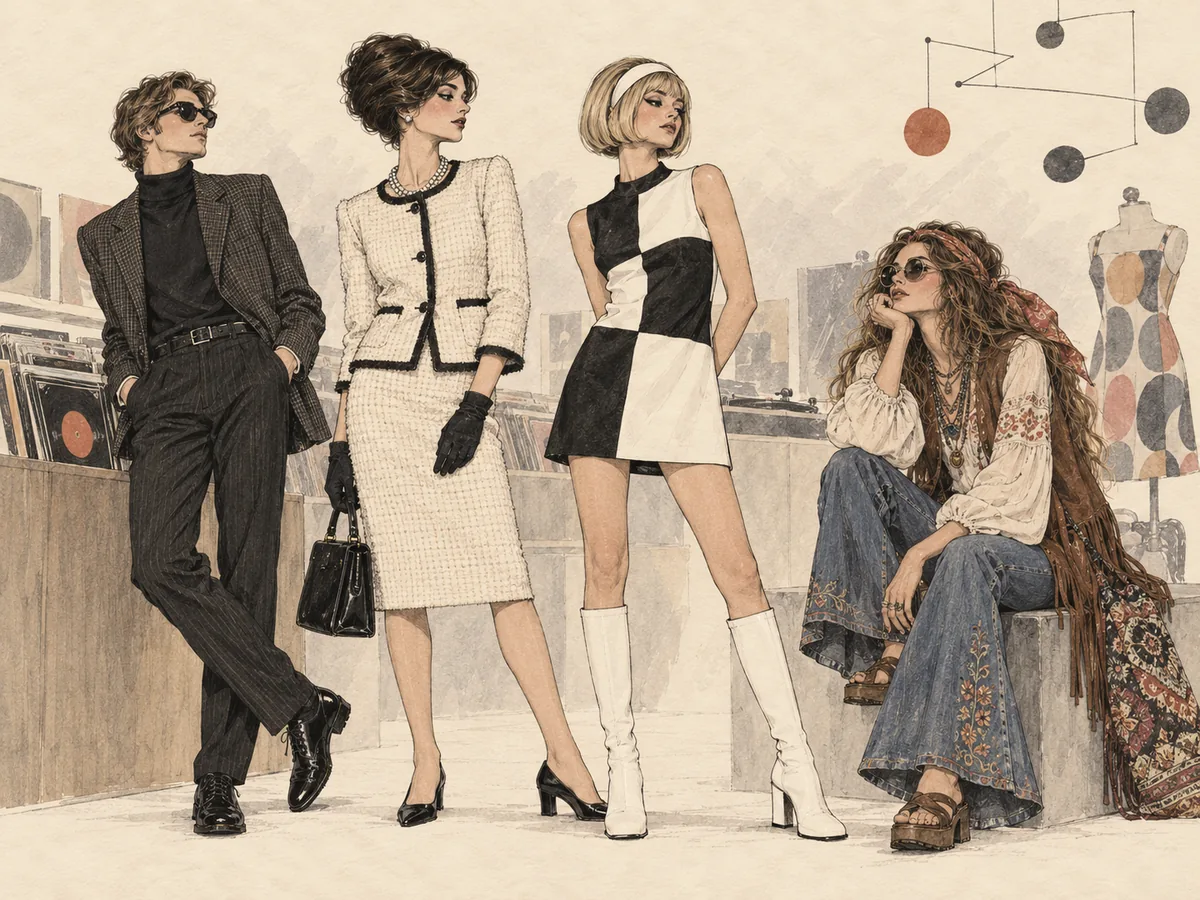 Illustration zum Modewandel der 1960er mit Jugendkultur, Mod, Pop und Gegenkultur