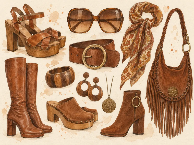 Typische 1970er Schuhe und Accessoires mit Plateausandalen, Clogs, Stiefeln, Gürtel und Fransenbag