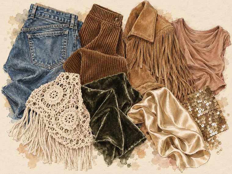 Typische Materialien der 1970er mit Denim, Cord, Wildleder, Häkelarbeit, Samt und Satin