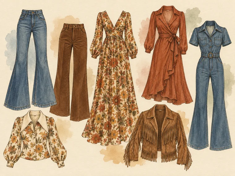 Typische Kleidungsstücke der 1970er mit Schlaghose, Maxikleid, Wickelkleid und Fransenjacke