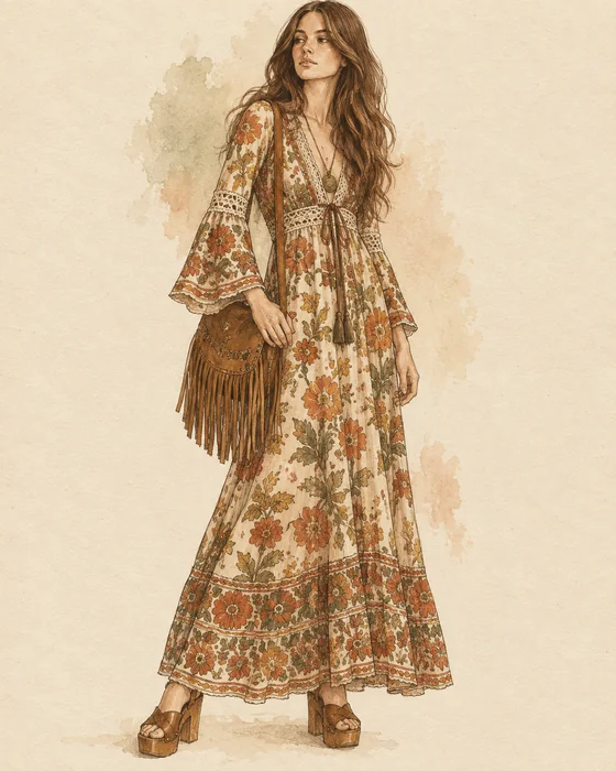 1970er Boho- und Folk-Look mit floralem Maxikleid und Fransenaccessoires