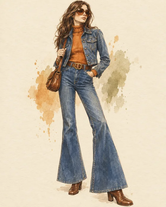 1970er Alltagslook mit Schlagjeans, kurzer Denimjacke und warmen Erdtönen
