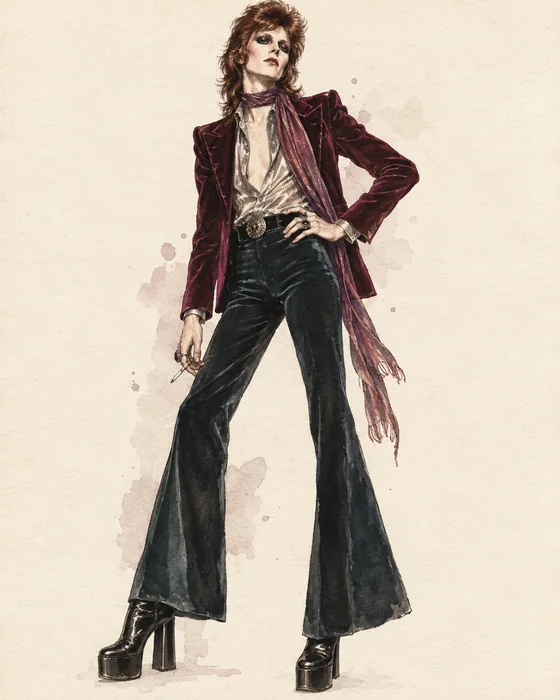 1970er Glam-Rock-Look mit Samtblazer, Satinhemd und Plateaustiefeln