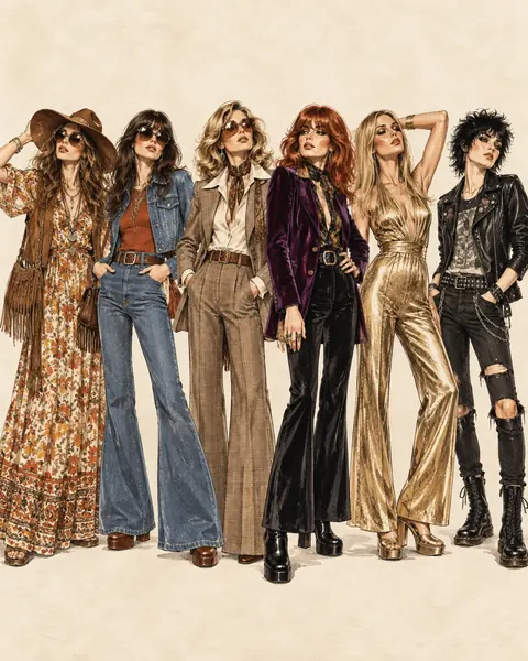 Sechs typische 1970er Looks als gemeinsame Fashion-Illustration