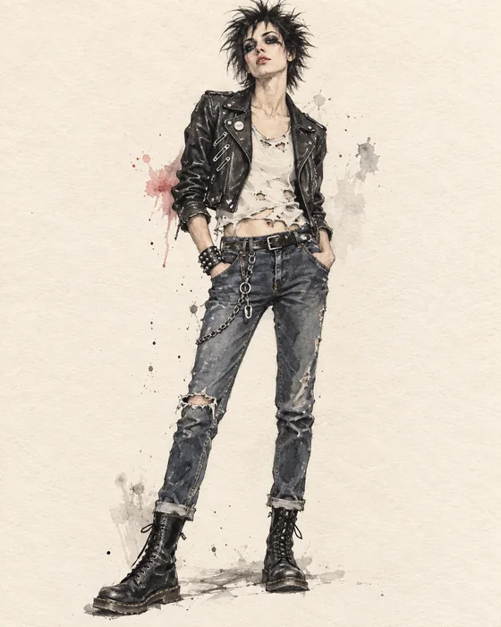 Später 1970er Punk-Look mit Lederjacke, zerrissenem Denim und Boots
