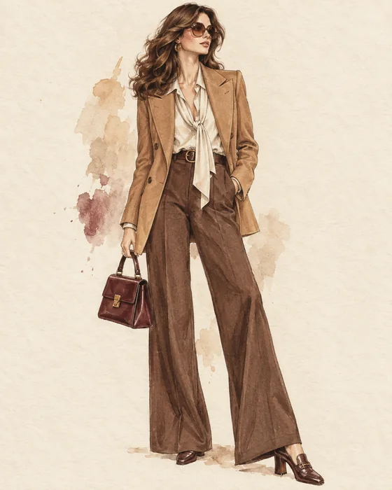 1970er Tailoring mit langem Blazer, weiter Hose und breitem Revers