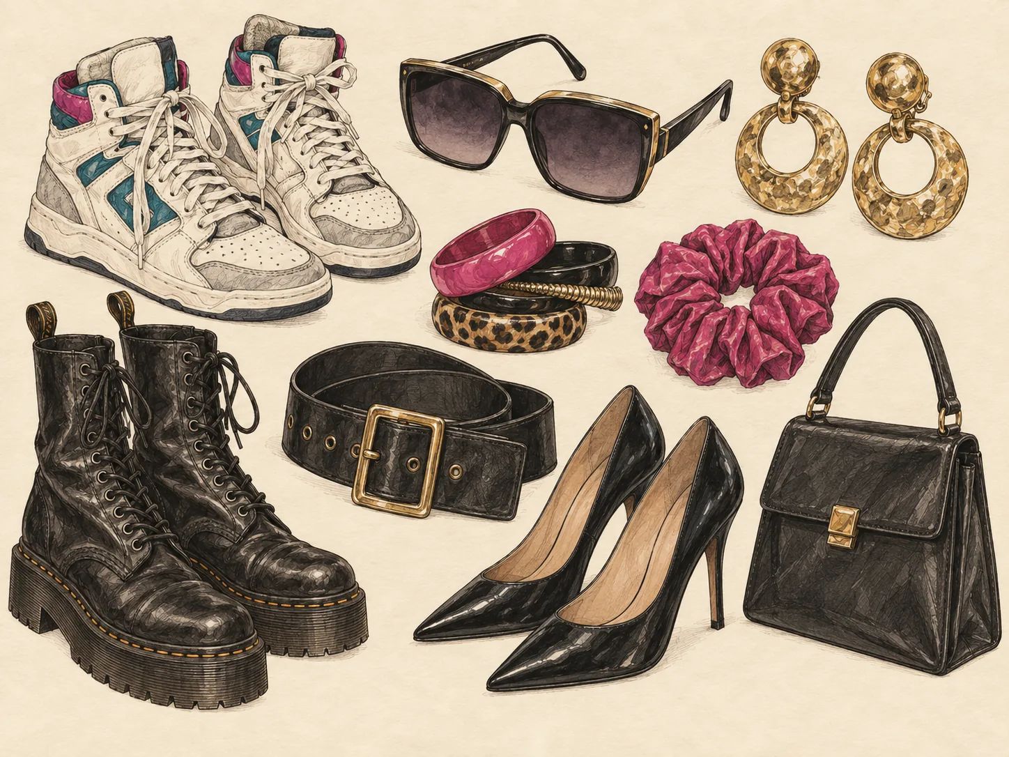 Typische Schuhe und Accessoires der 1980er als Editorial-Stillleben