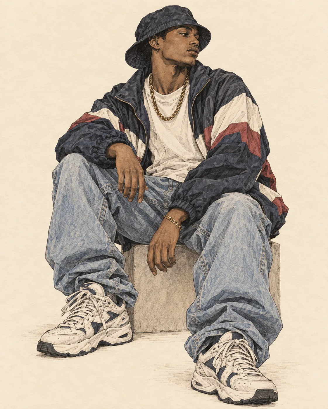 1980er Hip-Hop- und Streetwear-Look als Editorial-Illustration