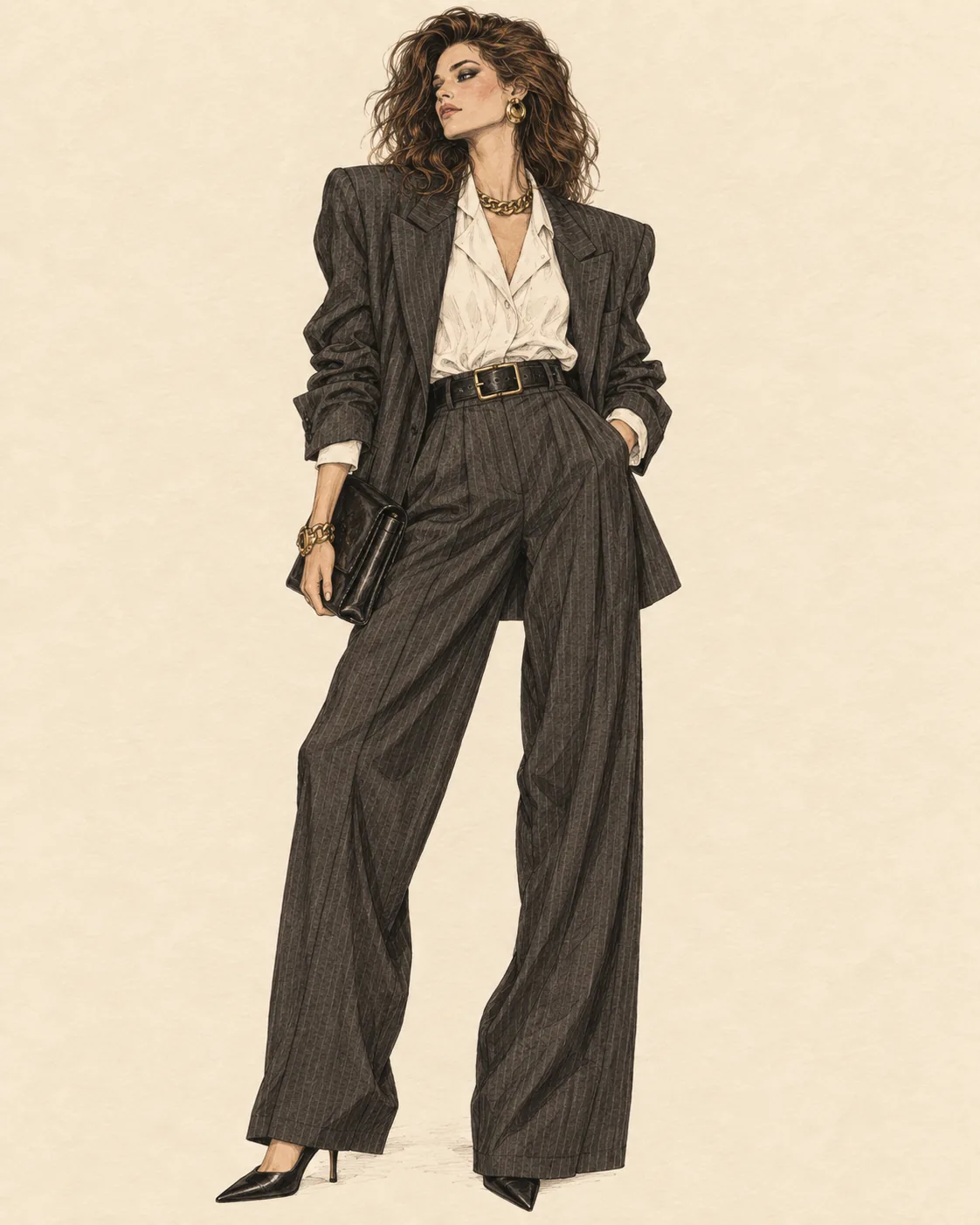 1980er Power-Dressing mit Schulterblazer als Editorial-Illustration