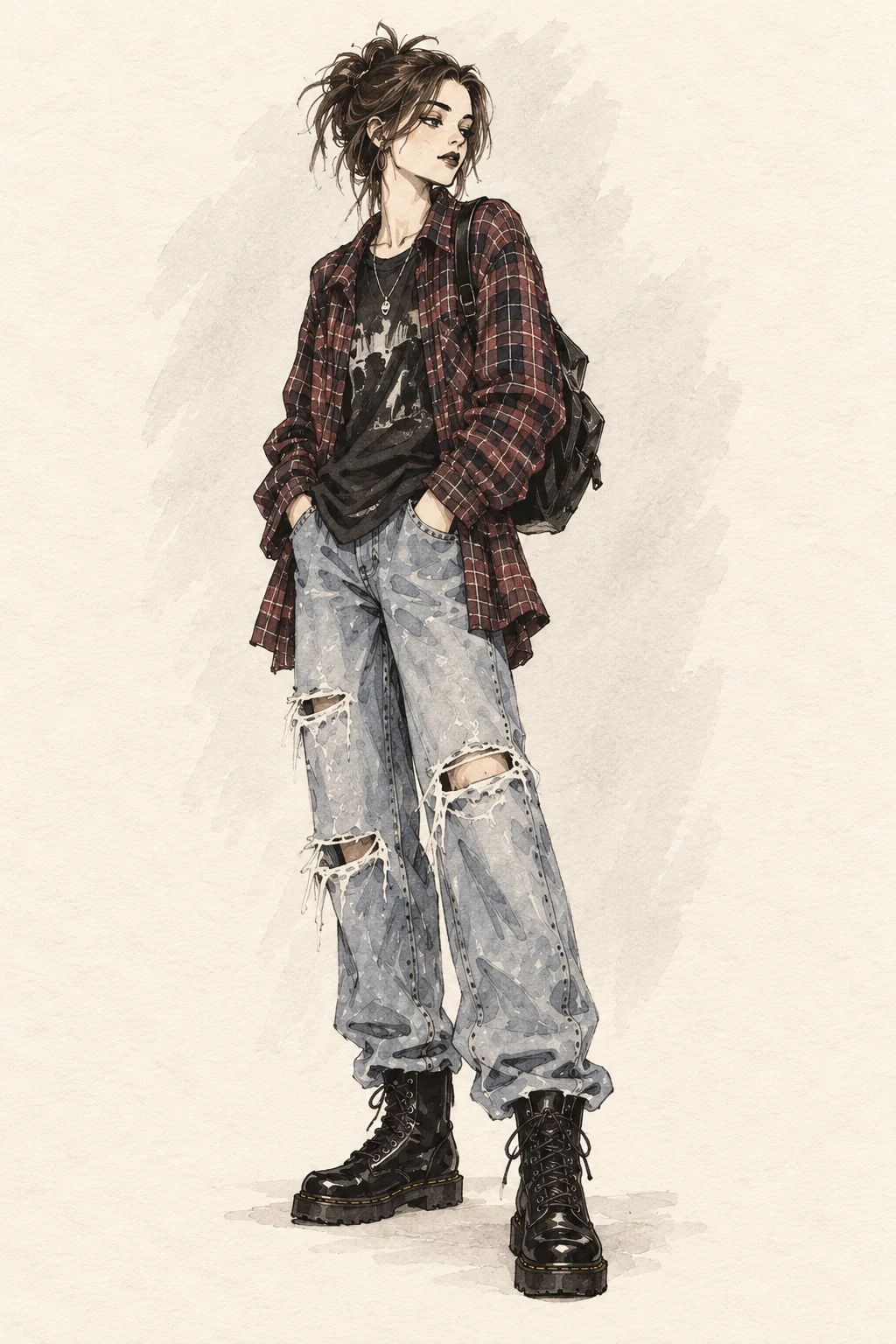 90er Grunge Outfit mit Flanellhemd, Jeans und schweren Boots