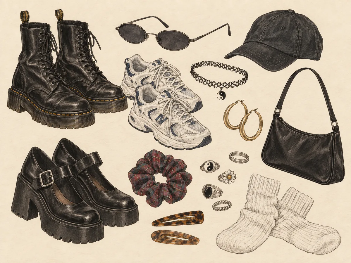 Illustration typischer 1990er Schuhe und Accessoires mit Combat Boots, Sneakern, Plateauschuhen, Choker, Mini-Bag und Sonnenbrille