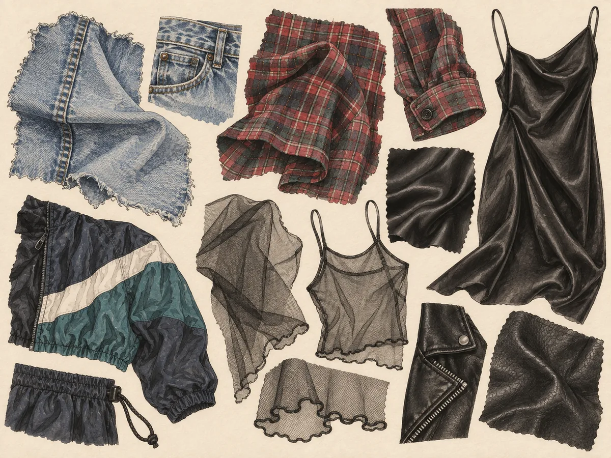Illustration typischer 1990er Stoffe und Materialien mit Denim, Flanell, Satin, Nylon, Mesh und Leder