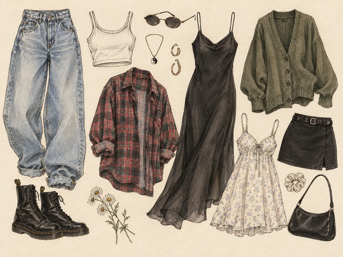 Illustration typischer 1990er Key Pieces mit Baggy-Jeans, Slip Dress, Flanellhemd, Crop Top und weiteren Kleidungsstücken