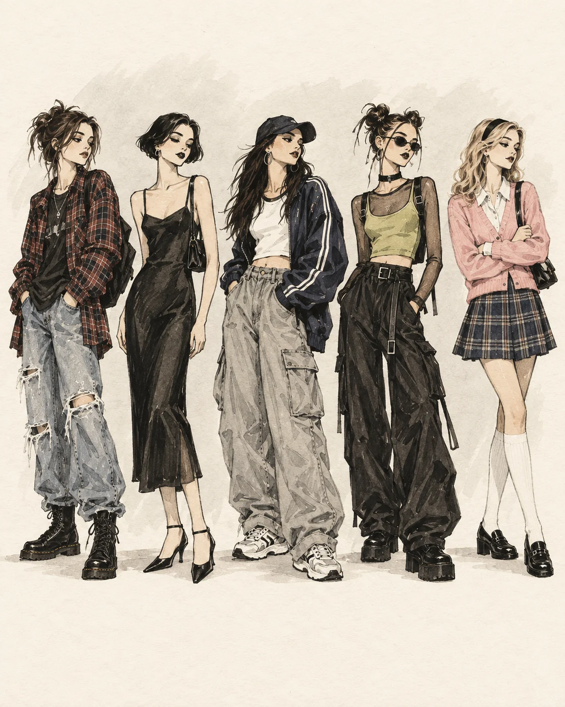 90er Outfits Lookbook – Grunge, Minimalismus, Streetwear, Rave und Glam Illustration verschiedener 90er-Outfits von Grunge bis Minimalismus und Streetwear