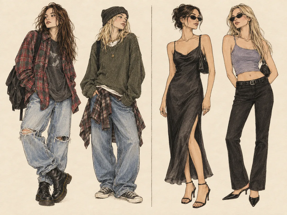 Illustration zum Modewandel von den frühen zu den späten 1990ern mit Grunge und Oversize im Vergleich zu schmaleren glamouröseren Looks