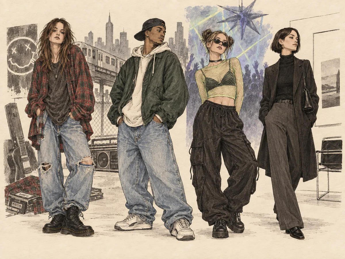 Illustration zur Modekultur der 1990er mit Grunge, Hip-Hop, Rave und Minimalismus