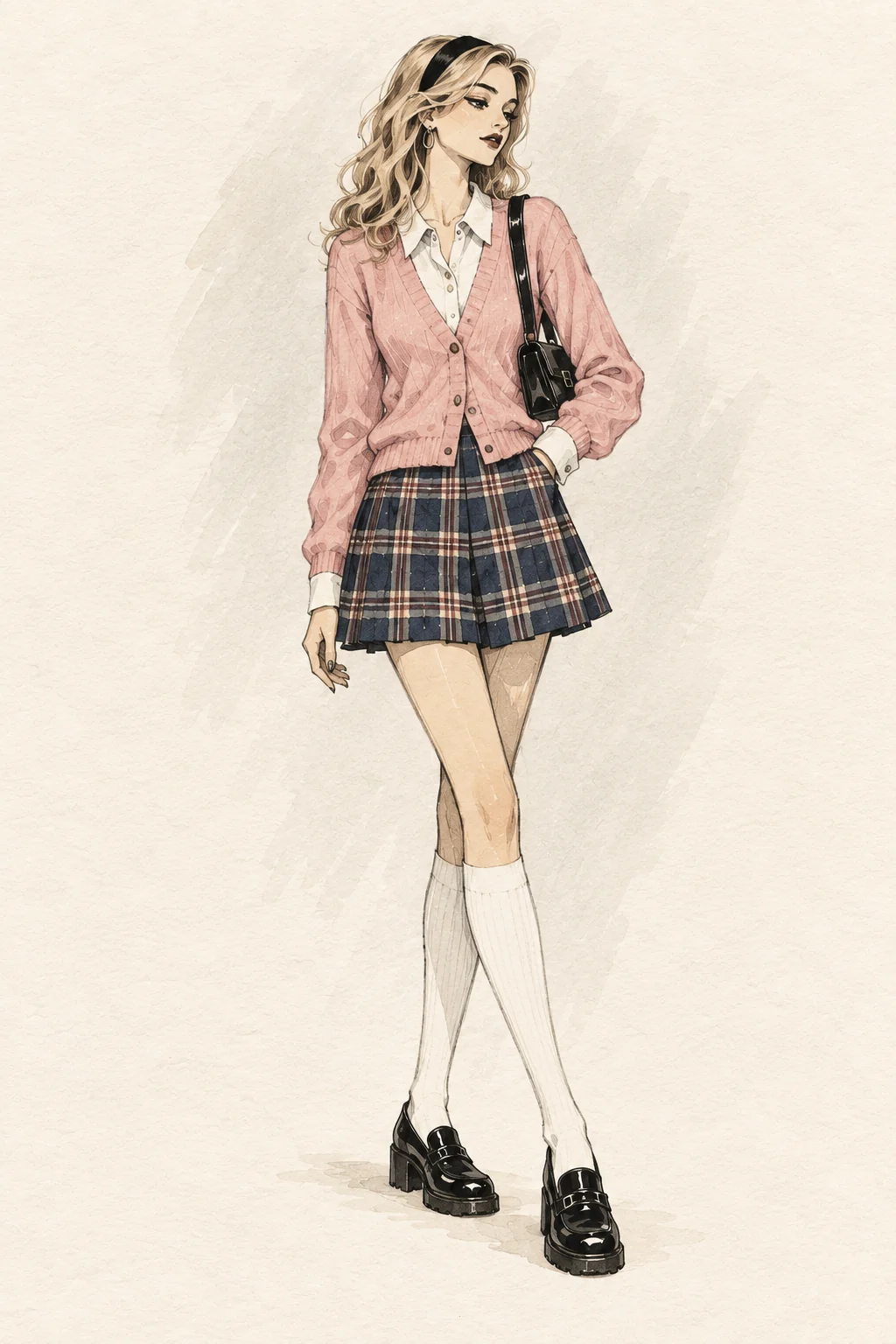 90er Preppy Outfit mit Karo-Minirock, Cardigan und kleinen Accessoires