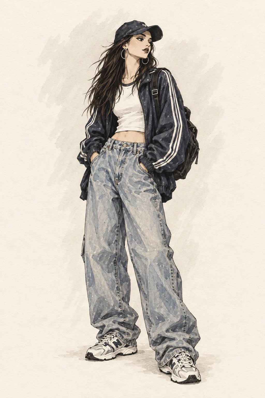 90er Streetwear Outfit mit Baggy-Jeans, Oversize-Jacke und Sneakern